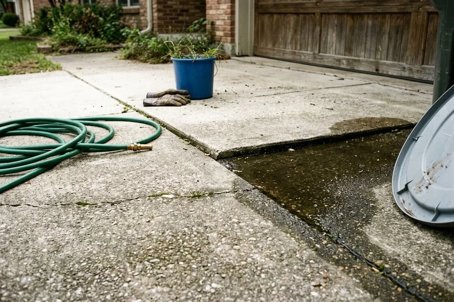 A settled driveway section with a clear step at the joint and water pooling in the low area
