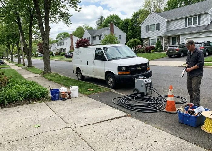Work van parked on a residential Connecticut street with injection equipment beside a driveway