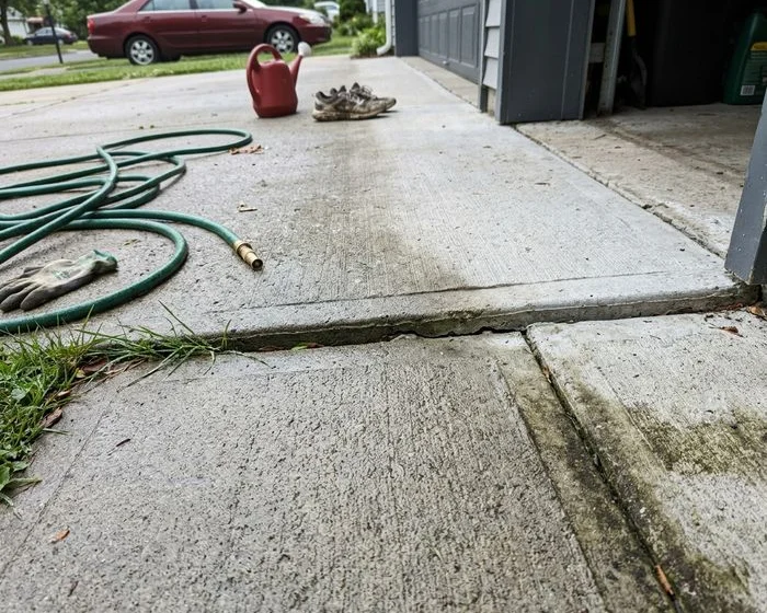 A settled driveway slab with a visible step at the joint beside a garage apron
