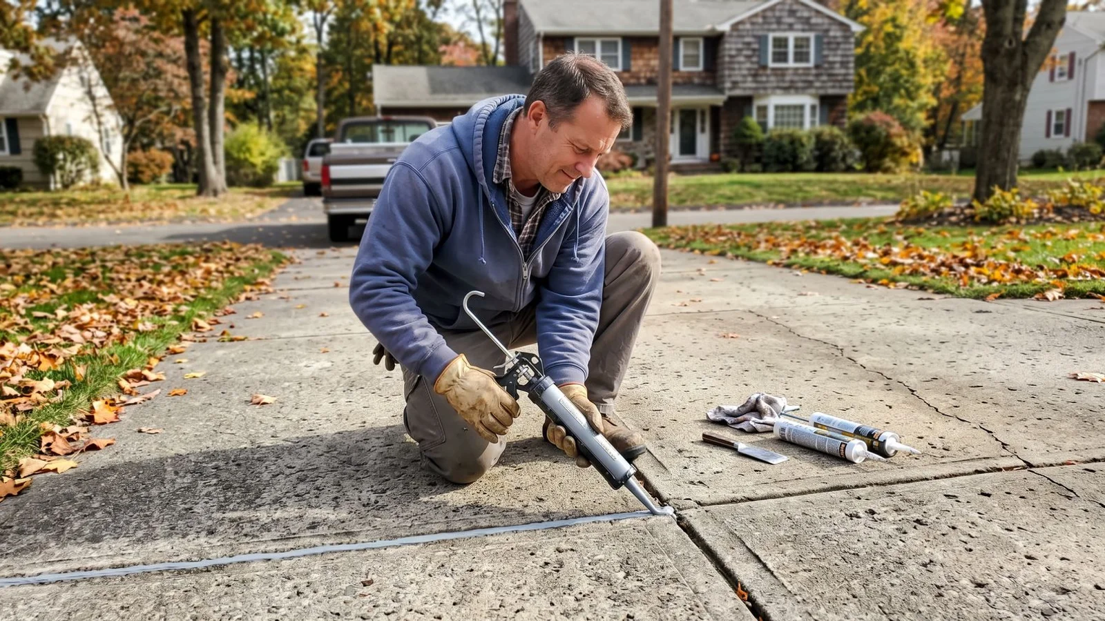 Contractor applying elastomeric sealant into a prepared concrete control joint on a driveway