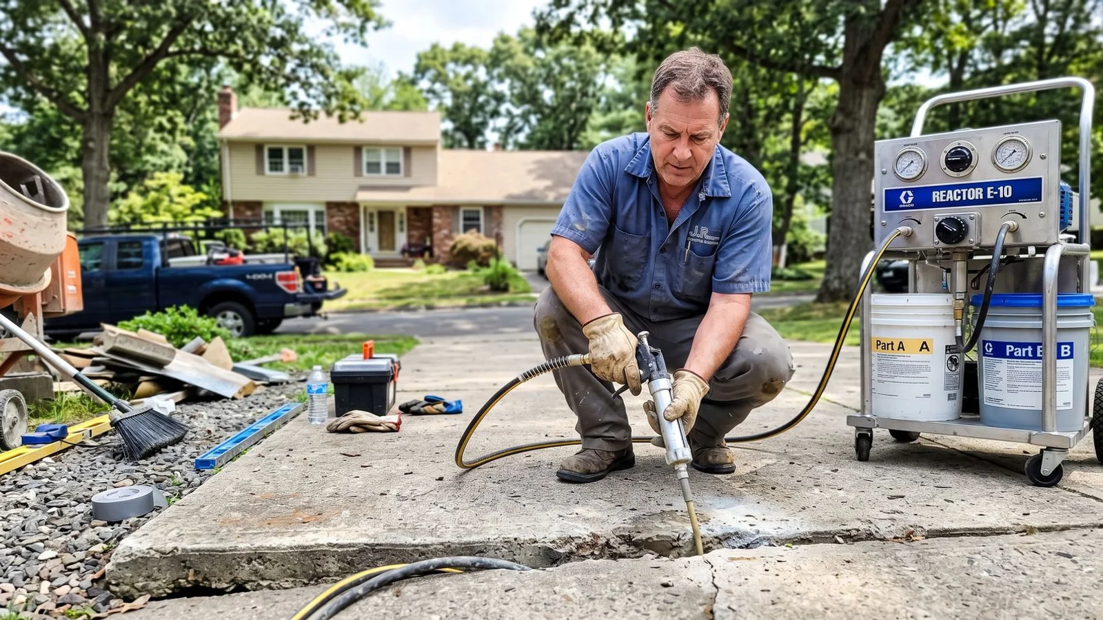Contractor injecting polyurethane grout to fill a washed-out cavity beneath a concrete slab