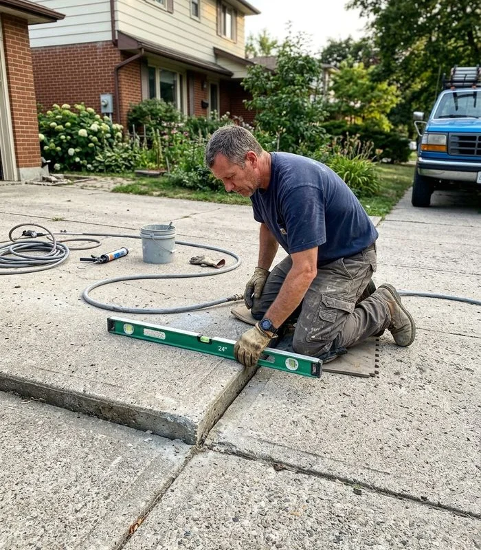 Contractor kneeling beside a driveway slab checking a level during a lift