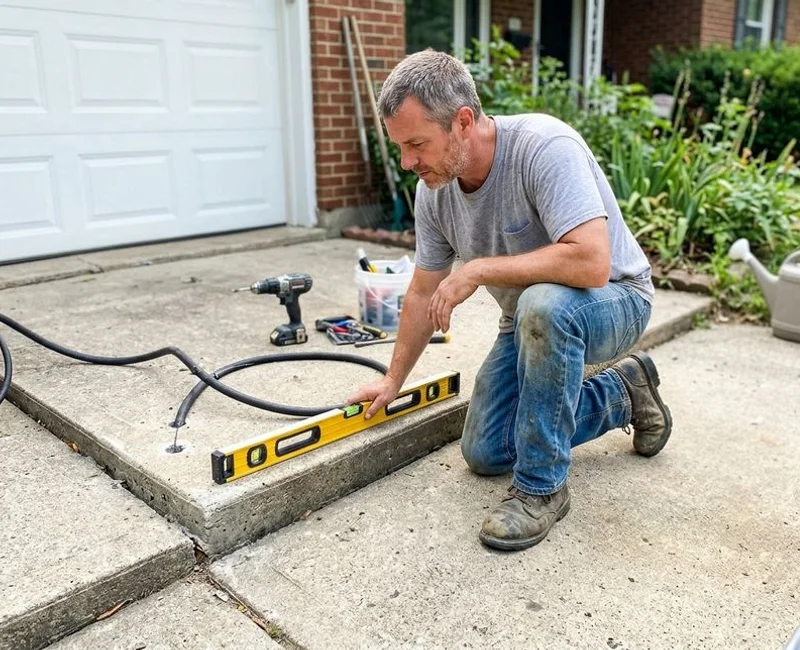 Contractor kneeling beside a residential slab checking a level during a lift