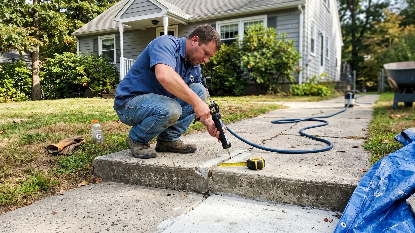 Contractor leveling a stepped concrete walkway joint outside a Connecticut home