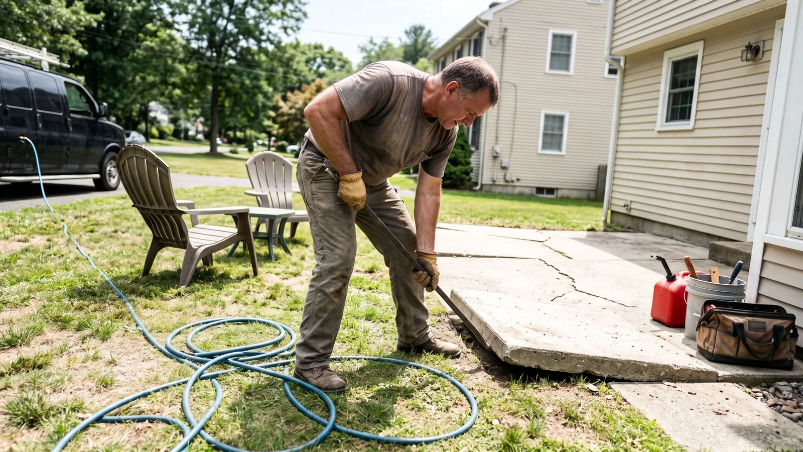 Contractor lifting a settled backyard concrete patio slab beside a Connecticut house