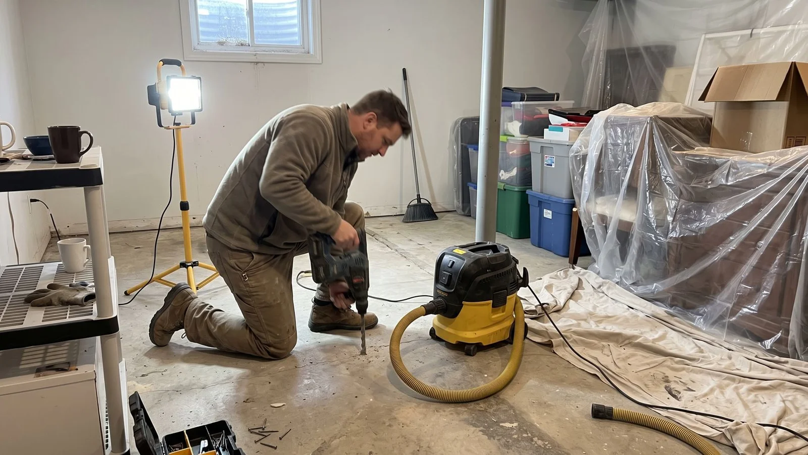 Contractor lifting a settled basement floor slab with dust extraction running in a Connecticut home