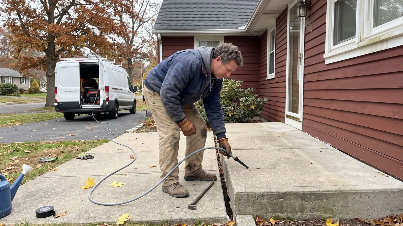 Contractor lifting a settled concrete front stoop back toward the house wall at a Connecticut home