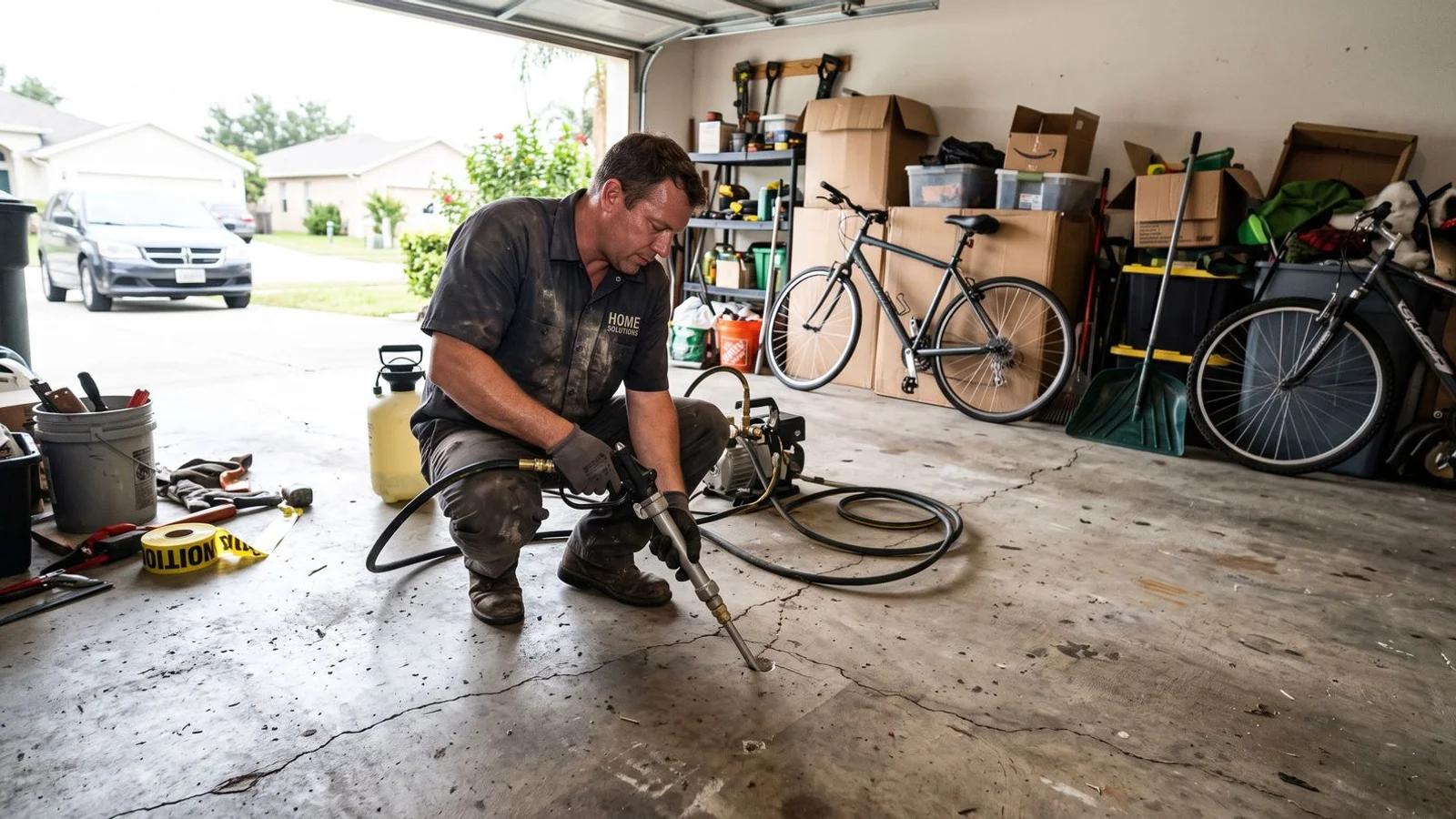 Contractor lifting a settled garage floor slab with injection equipment inside a residential garage