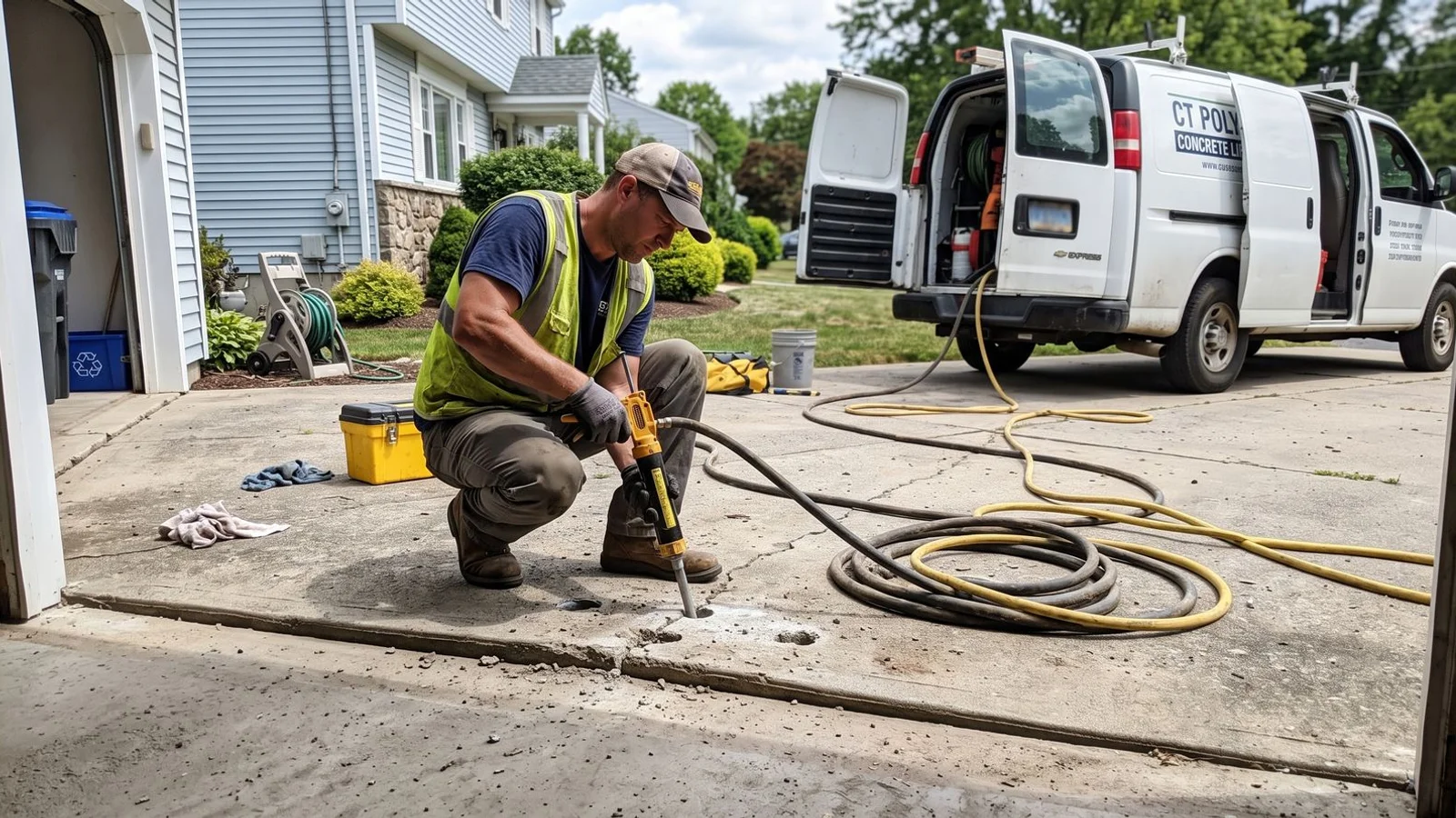 Contractor lifting a sunken concrete driveway slab with polyurethane injection equipment in Connecticut