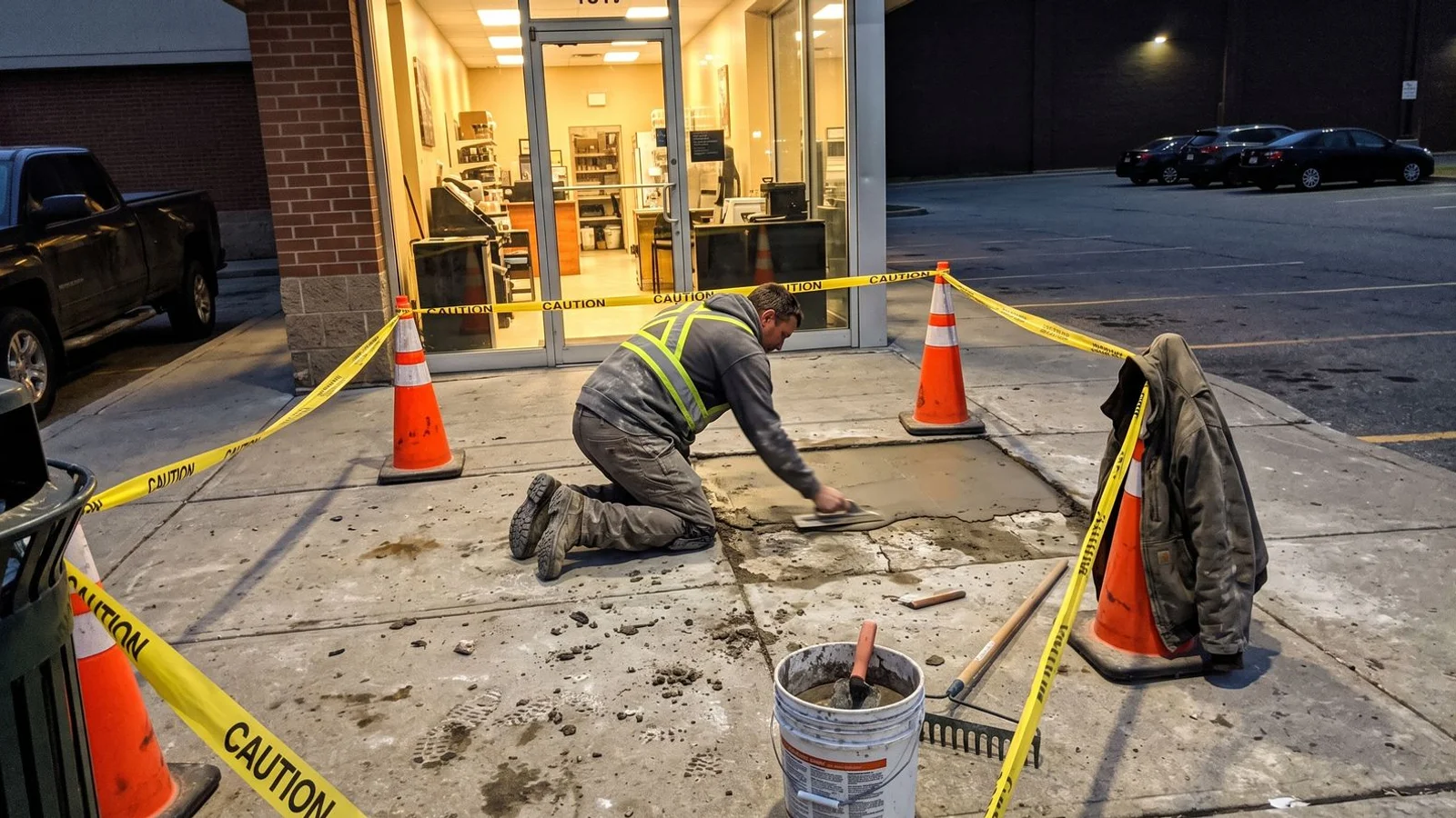 Contractor repairing a settled commercial entrance slab after hours with a sectioned work area