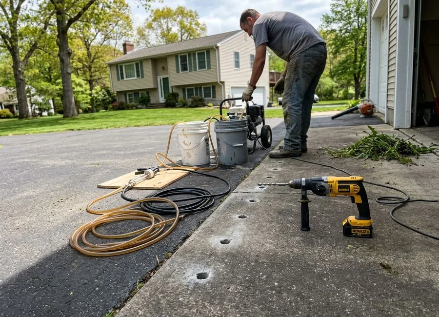 Injection equipment and hoses laid out beside a suburban driveway with ports drilled across the settled section