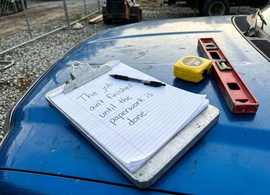 A written quote on a clipboard beside a tape measure and level at the end of an inspection