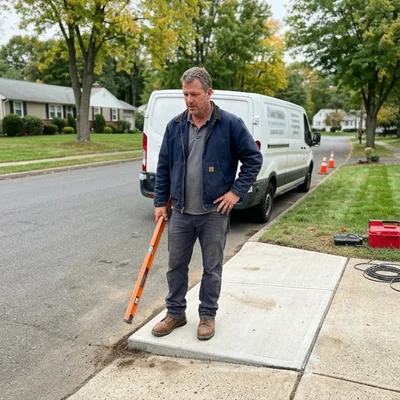 Claude, founder of CT Pro Concrete Leveling, standing beside a lifted driveway slab in Connecticut